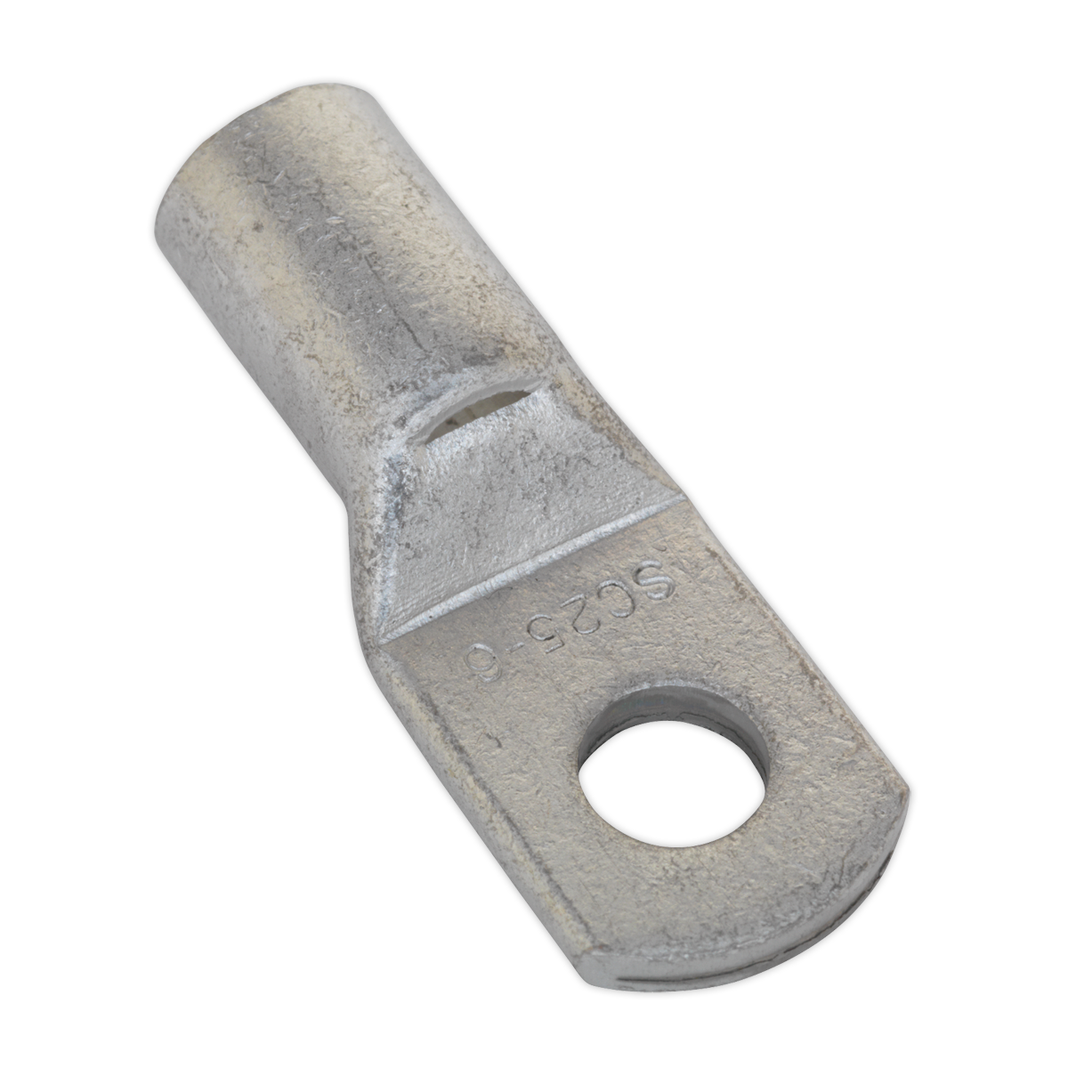 The Sealey Copper Lug Terminal 25mm² x 6mm Pack of 10 - LT256 features a cylindrical body with a flat rectangular end that includes a single circular screw hole. These tin-plated copper lug terminals are often crimped or soldered to ensure secure electrical connections.