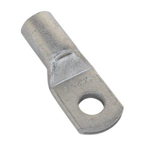 The Sealey Copper Lug Terminal 25mm² x 6mm Pack of 10 - LT256 features a cylindrical body with a flat rectangular end that includes a single circular screw hole. These tin-plated copper lug terminals are often crimped or soldered to ensure secure electrical connections.