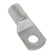 The Sealey Copper Lug Terminal 70mm² x 10mm Pack of 10 - LT7010 features a metallic, cylindrical lug terminal with a flat, rectangular tab that includes a rounded hole and an indentation for securing cables. Made from tin-plated copper, it is designed to be crimped or soldered.