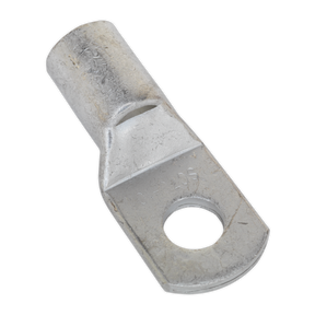 The Sealey Copper Lug Terminal 70mm² x 10mm Pack of 10 - LT7010 features a metallic, cylindrical lug terminal with a flat, rectangular tab that includes a rounded hole and an indentation for securing cables. Made from tin-plated copper, it is designed to be crimped or soldered.