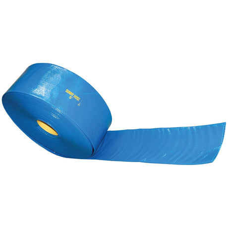 A roll of Sparex Lay Flat Hose (S.22796), with a 102mm (4'') diameter, featuring a blue, flexible PVC exterior and yellow inner core, partially unrolled and reinforced with polyester yarn for the pressurized delivery of liquids.