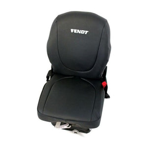 The AGCO Fendt Leatherette Seat Cover (X991450024000) in black is designed for agricultural machinery, featuring ergonomic contours and a compact, sturdy base. Compatible with various Fendt models, this seat cover ensures comfort and durability for long farming days.