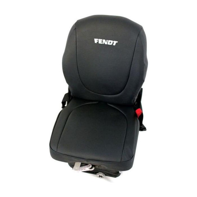 The AGCO Fendt Leatherette Seat Cover (X991450024000) in black is designed for agricultural machinery, featuring ergonomic contours and a compact, sturdy base. Compatible with various Fendt models, this seat cover ensures comfort and durability for long farming days.