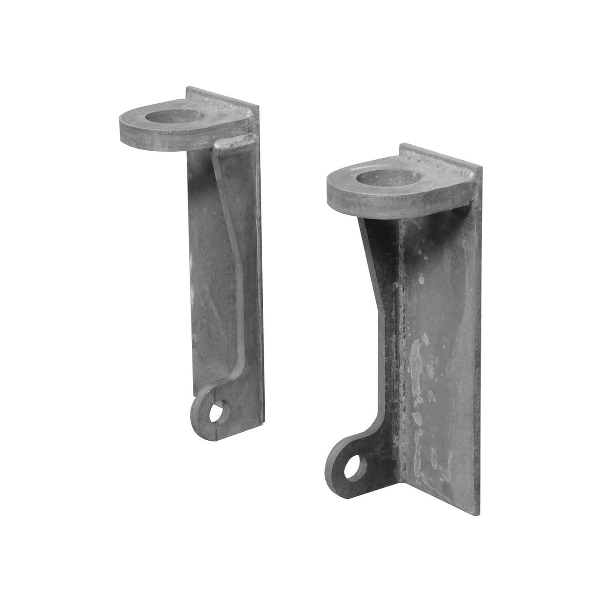 Two Loader Brackets (Pair), S.119886, by Sparex with circular and oval openings designed for mounting or support, shown against a plain white background. Ideal as replacements for machinery like Matbro or John Deere equipment.