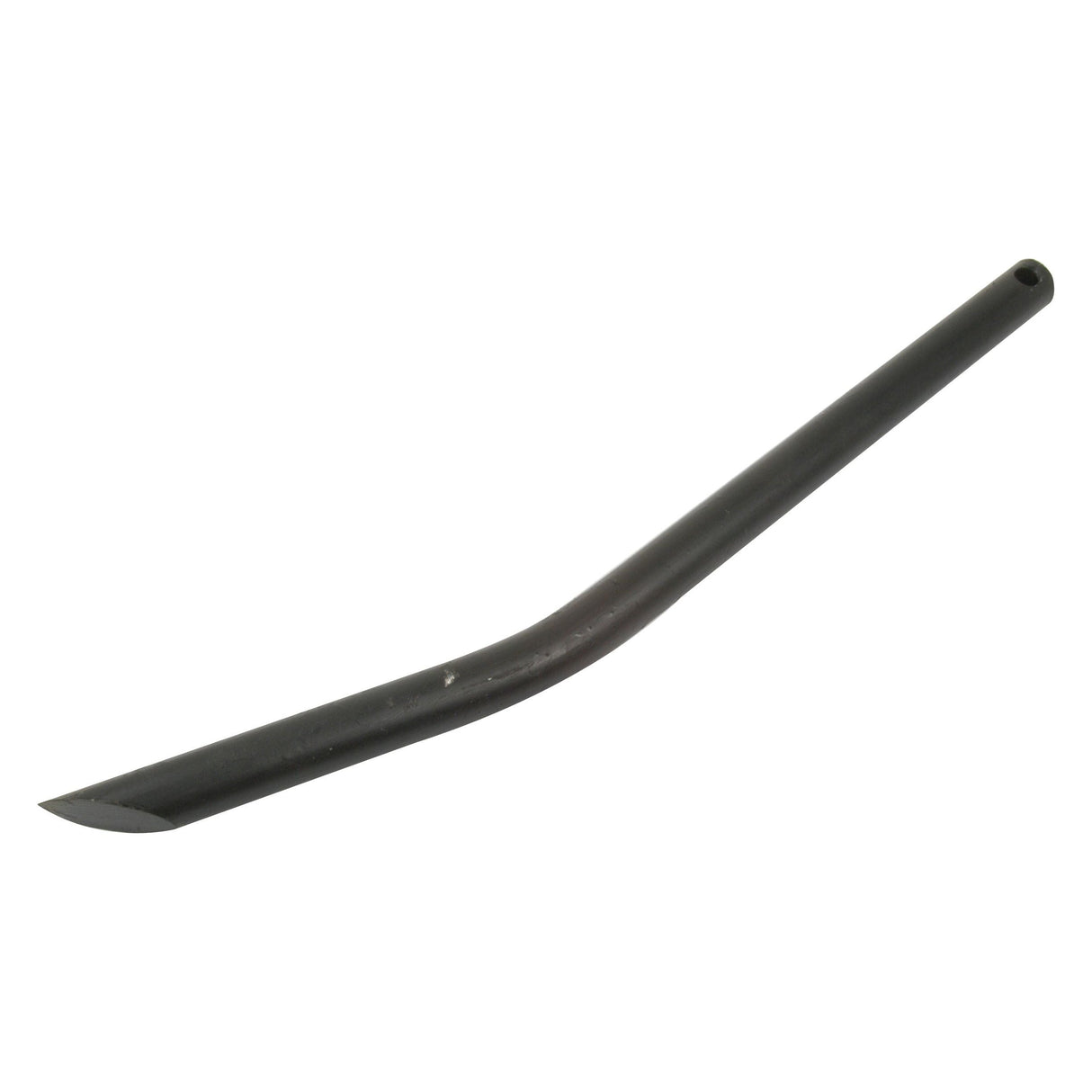 The Product Loader Tine - Curved 560mm, (Round) - S.22814 by Sparex is a curved black metal rod that features a sharp taper on one end and a small hole near the other end, designed for maximum efficiency as a Curved Type.