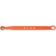 The Sparex Lower Link Lift Arm - Ball Ø 22mm - Open Socket (Sparex Part No.S.15177) is a long, orange metal bar featuring multiple holes and circular loops at both ends, designed for use in a Massey Ferguson's link arm assembly.