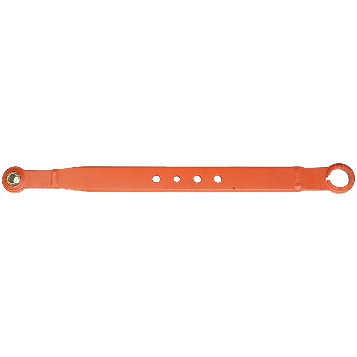 The Sparex Lower Link Lift Arm - Ball Ø 22mm - Open Socket (Sparex Part No.S.15177) is a long, orange metal bar featuring multiple holes and circular loops at both ends, designed for use in a Massey Ferguson's link arm assembly.