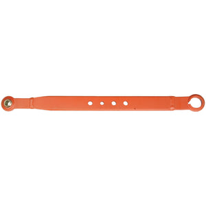 The Sparex Lower Link Lift Arm - Ball Ø 22mm - Open Socket (Sparex Part No.S.15177) is a long, orange metal bar featuring multiple holes and circular loops at both ends, designed for use in a Massey Ferguson's link arm assembly.