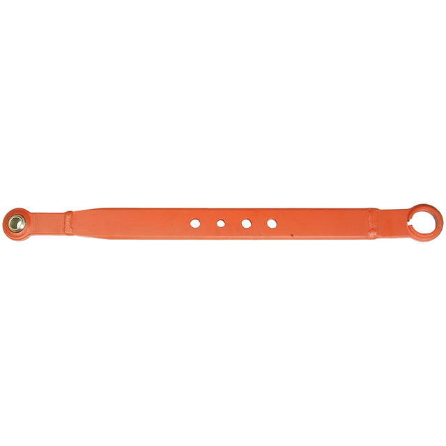 The Sparex Lower Link Lift Arm - Ball Ø 22mm - Open Socket (Sparex Part No.S.15177) is a long, orange metal bar featuring multiple holes and circular loops at both ends, designed for use in a Massey Ferguson's link arm assembly.