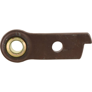 Close-up of the *SPECIAL PRICE* - Lower Link Weld On Ball End (Cat. 2) RH by JMCE DEALS, featuring a circular hole on one end and an oval brass bushing on the other. The rough surface details echo the robust design typical of Massey Ferguson machinery after years of use.
