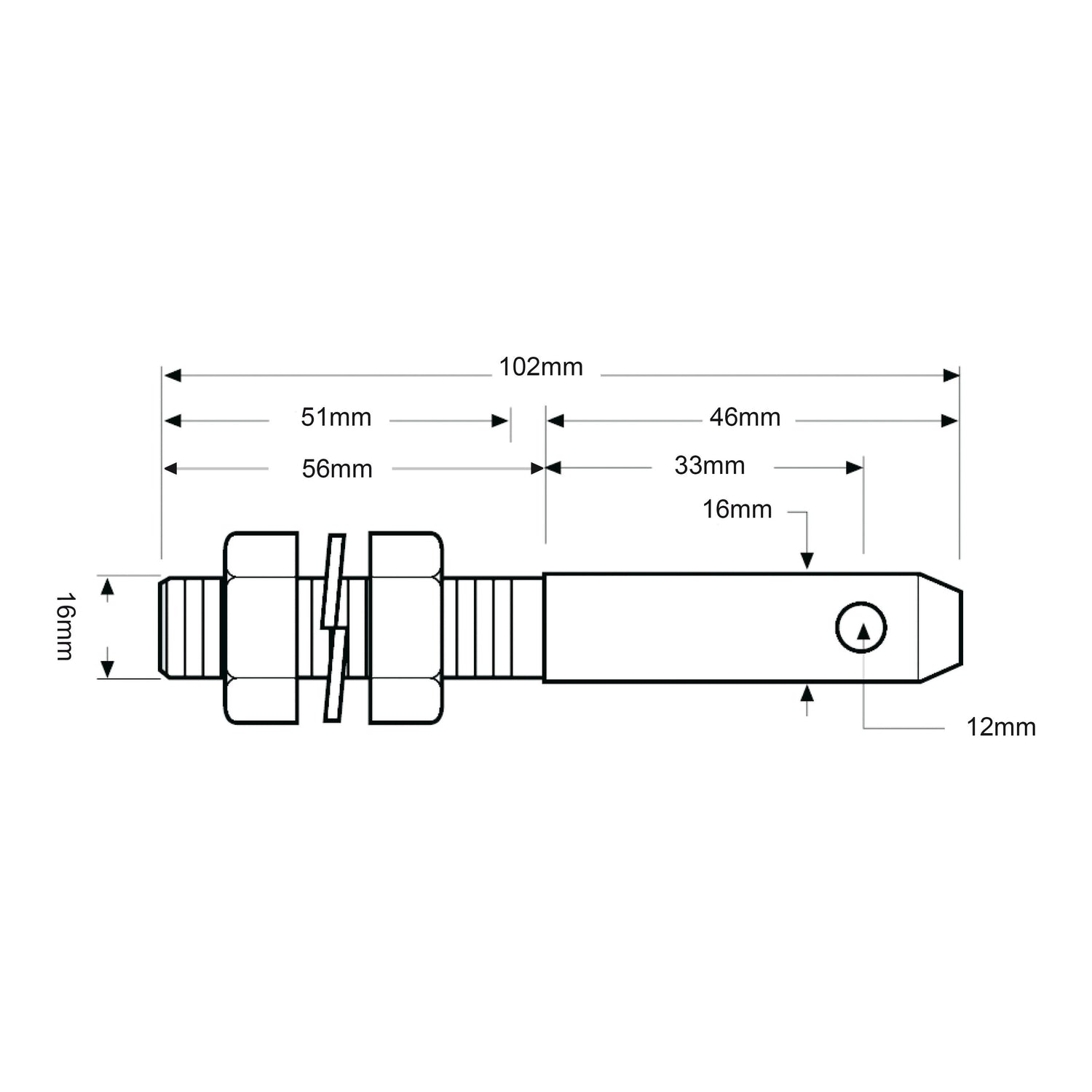 A technical drawing of a Sparex Lower Link Implement Pin (Sparex Part No. S.3137) depicts the component with labeled dimensions: a total length of 102mm, segments measuring 51mm, 56mm, and 46mm respectively. The ends of the component have diameters of 16mm and 12mm.