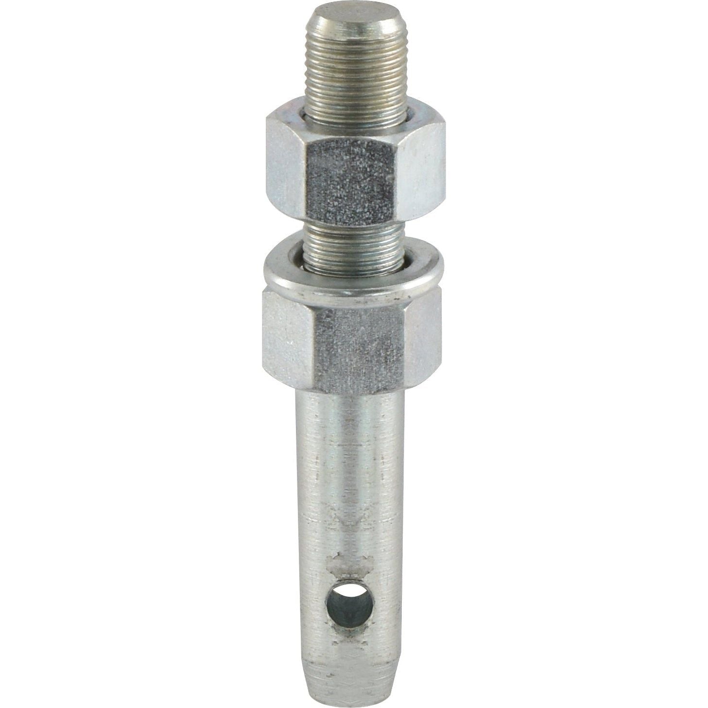 The Sparex Lower Link Implement Pin (16x102mm) with Thread Size 5/8''x57mm (Sparex Part No. S.3137) is a metal male thread coupling that includes two hexagonal nuts and a pinhole at the bottom, designed for UNF thread size and compatible with an implement attachment pin.

