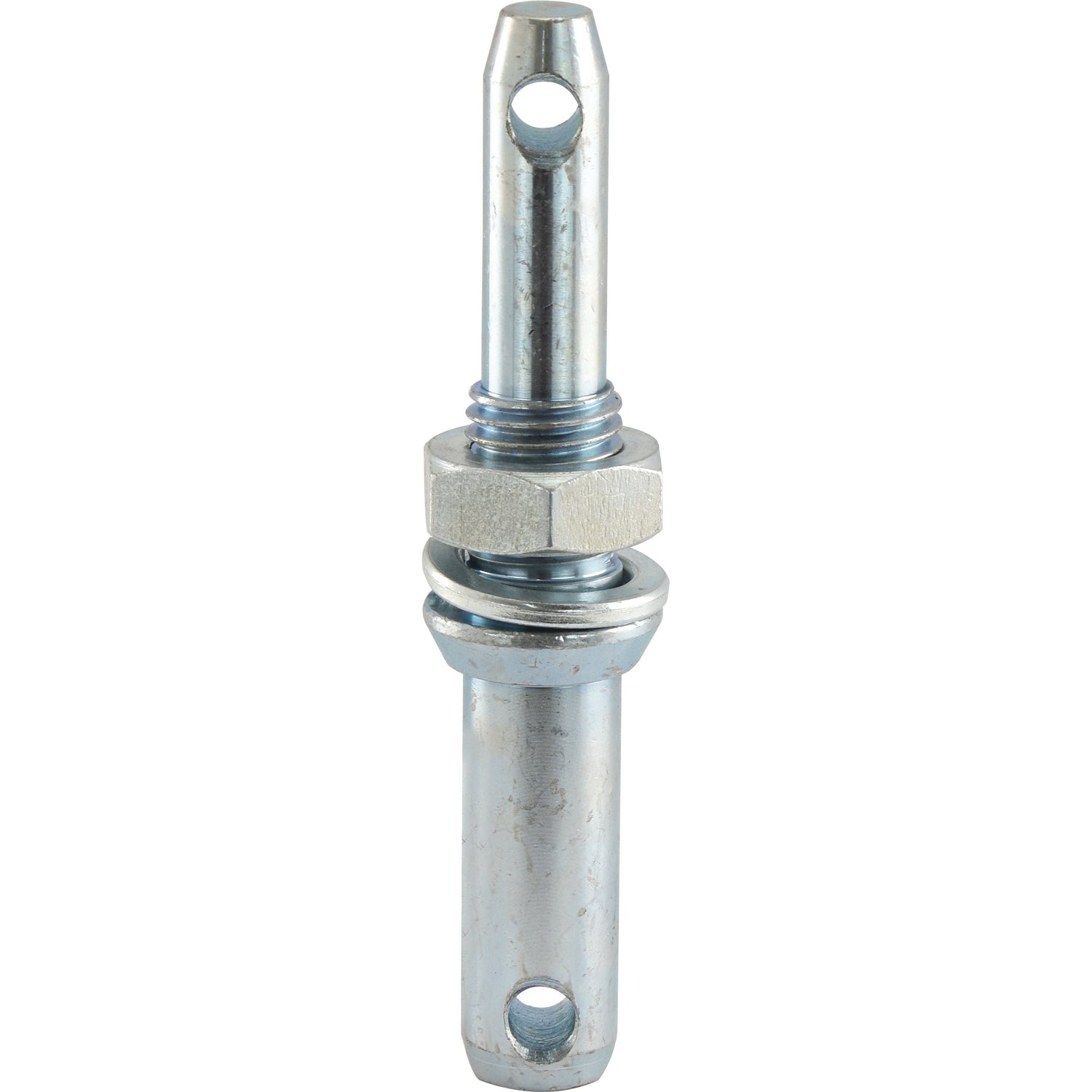 The Sparex Lower Link Implement Pin Dual 22 - 28x197mm, featuring a thread size of 7/8x38mm Cat. 1/2 and two holes for attachment, highlights its precise working length and includes a hexagonal nut and washers (Sparex Part No. S.206).