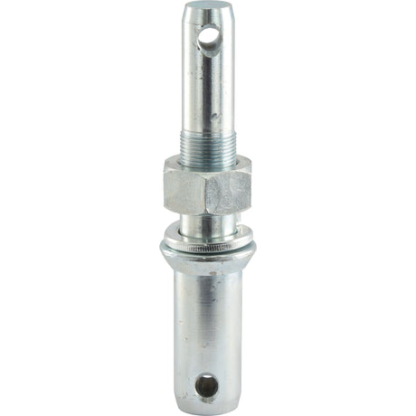 A metallic steel Lower Link Implement Pin, featuring a threaded midsection with a metric M30x42mm thread and holes at both ends. Perfect as an attachment pin for your Sparex machinery, the dual 28 - 36x209mm implement pin is available under Sparex Part No. S.21756 (Cat. 2/3).