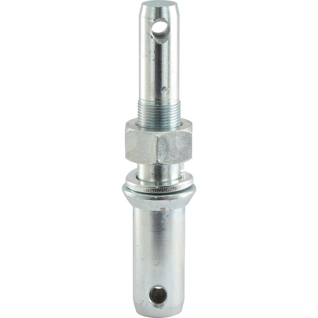 A metallic steel Lower Link Implement Pin, featuring a threaded midsection with a metric M30x42mm thread and holes at both ends. Perfect as an attachment pin for your Sparex machinery, the dual 28 - 36x209mm implement pin is available under Sparex Part No. S.21756 (Cat. 2/3).