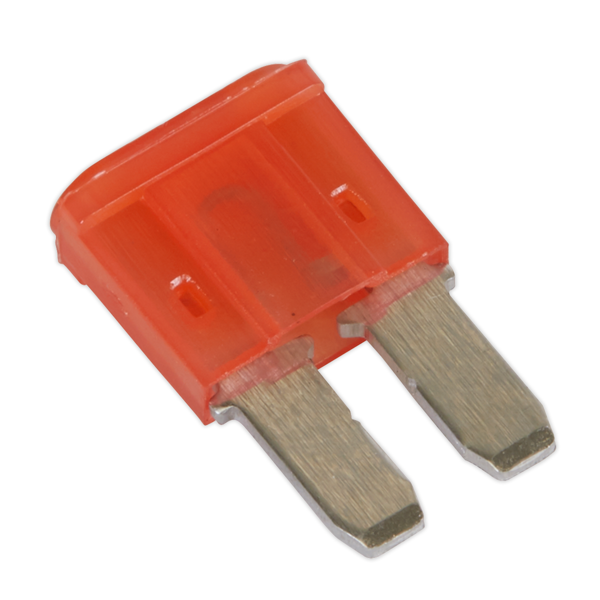 A close-up of a Sealey Automotive MICRO II Blade Fuse 10A - M2BF10, featuring its two metal prongs.