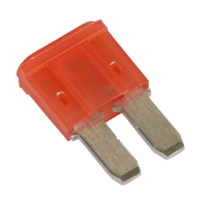 A close-up of a Sealey Automotive MICRO II Blade Fuse 10A - M2BF10, featuring its two metal prongs.