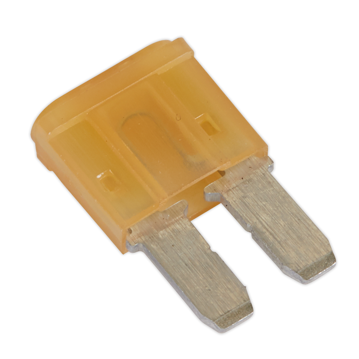 A close-up image of an orange Sealey Automotive MICRO II Blade Fuse 7.5A (Pack of 50) with two silver prongs.