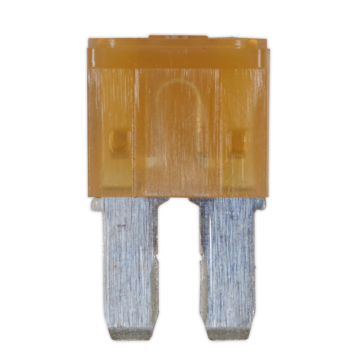 Close-up of a Sealey Automotive MICRO II Blade Fuse 7.5A from the M2BF75 pack of 50, featuring two metal prongs and a yellow plastic housing, perfect for automotive use.