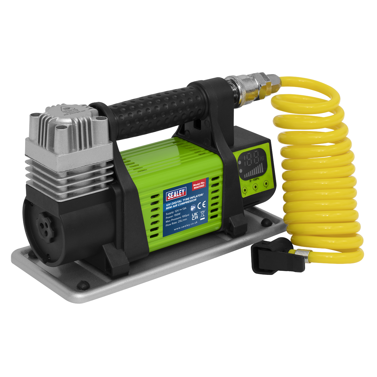 Sealey Digital Tyre Inflator/Mini Air Compressor 12V - MAC04D with a digital display, green casing, black handle, and coiled yellow hose attached to the top.