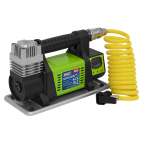 Sealey Digital Tyre Inflator/Mini Air Compressor 12V - MAC04D with a digital display, green casing, black handle, and coiled yellow hose attached to the top.