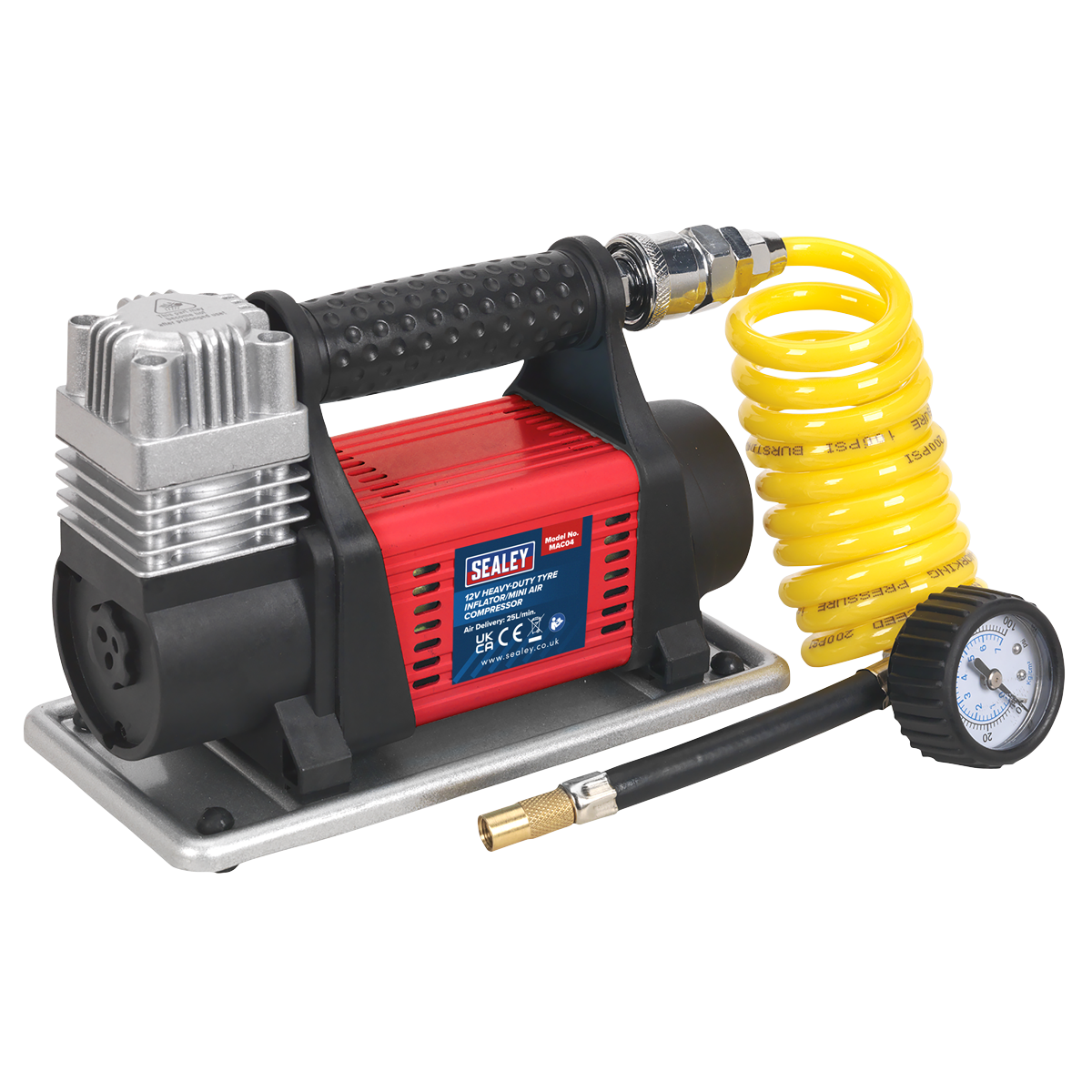 The Sealey Tyre Inflator/Mini Air Compressor 12V Heavy-Duty - MAC04 boasts a durable red and black design, complete with a coiled yellow hose and an attached pressure gauge, making it ideal for inflating car tires. It also features a quick-release coupling for effortless operation.