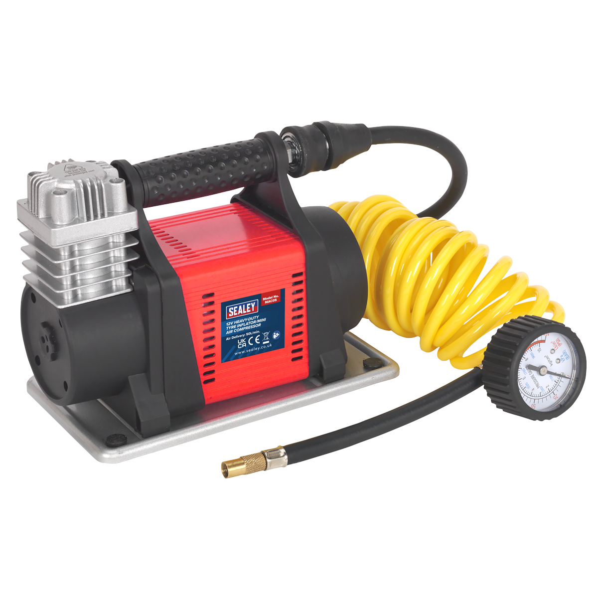 The Sealey MAC05 Tyre Inflator/Mini Air Compressor 12V Heavy-Duty features a red body, black handle, and an integrated gauge. It comes equipped with a yellow coiled hose and a pressure gauge attached to the hose, making it perfect for inflating tyres using its 12V battery.