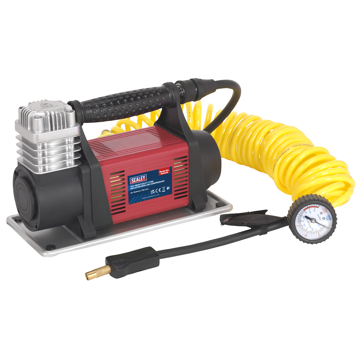 Image of the Sealey Tyre Inflator/Mini Air Compressor 12V Heavy-Duty - MAC06 featuring a red and black body, attached to a yellow coiled air hose and a pressure gauge, ideal for inflating tyres using a 12V battery.