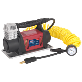 Image of the Sealey Tyre Inflator/Mini Air Compressor 12V Heavy-Duty - MAC06 featuring a red and black body, attached to a yellow coiled air hose and a pressure gauge, ideal for inflating tyres using a 12V battery.