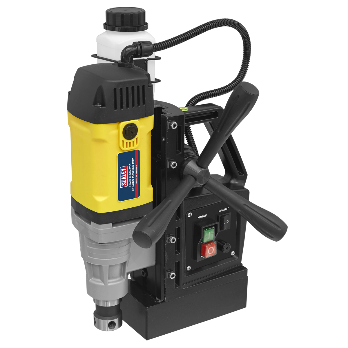 The Sealey Magnetic Drilling Machine 35mm 110V - MAG110V features a high-quality yellow and black build, complete with a control panel that has green and red buttons, two black handles for easy operation, and a coiled power cord for convenience.