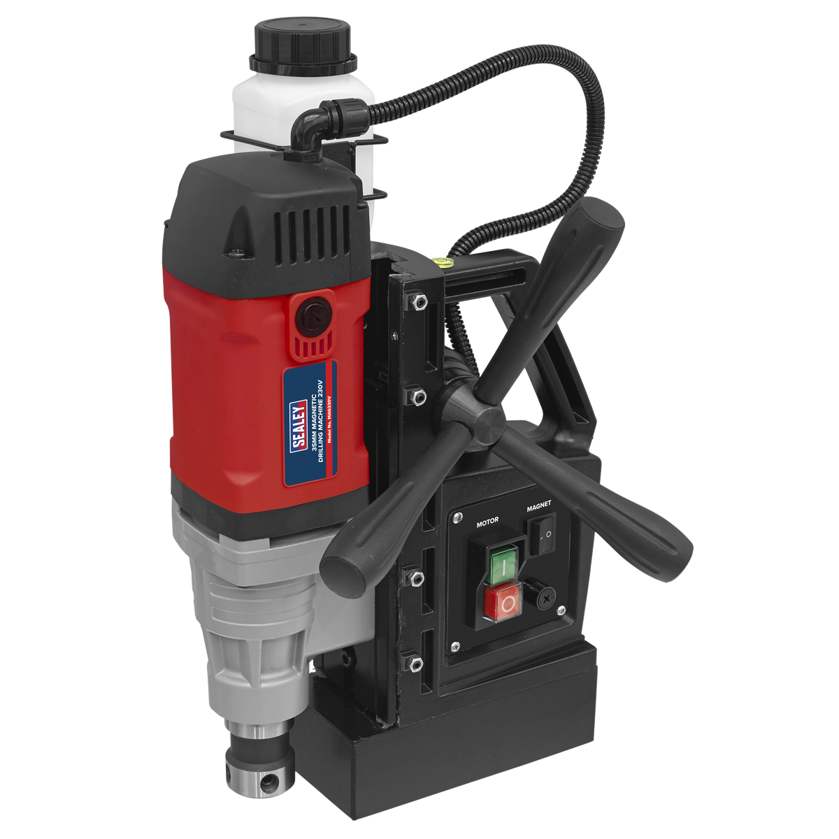 The Sealey Magnetic Drilling Machine 35mm 230V - MAG230V is a red and black magnetic drill press with high-quality components, control switches, adjustment handles, an attached fluid bottle, and power cables. It is ideal for working with ferrous metal.