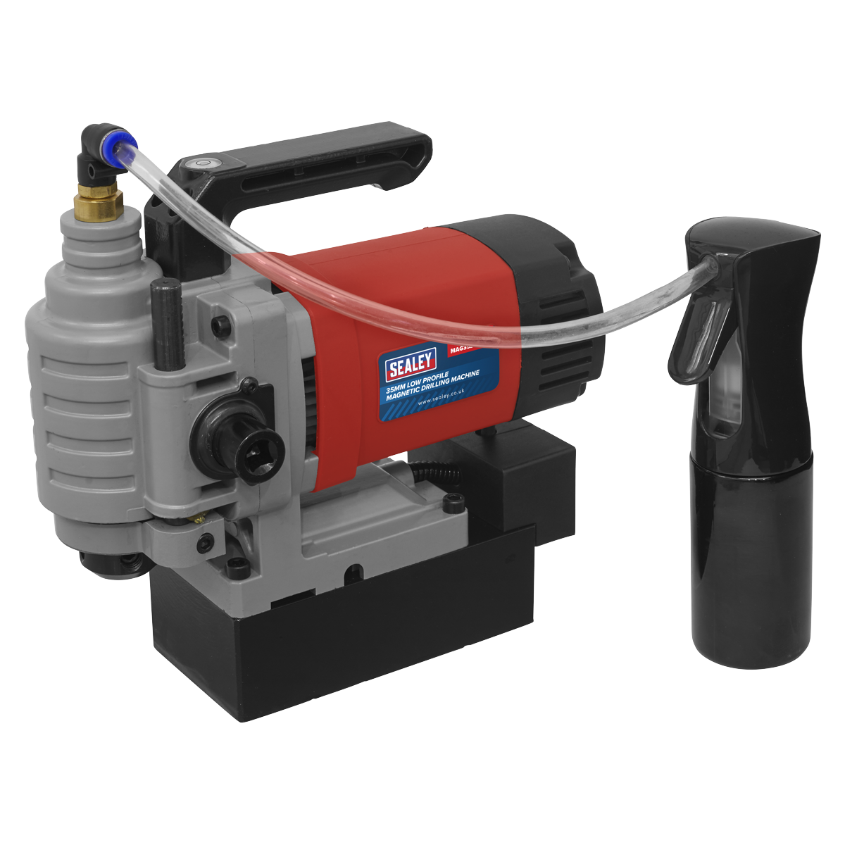 A Sealey brand product, specifically the Low Profile Magnetic Drilling Machine 35mm 230V - MAG35230VLP.