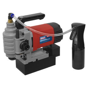 A Sealey brand product, specifically the Low Profile Magnetic Drilling Machine 35mm 230V - MAG35230VLP.