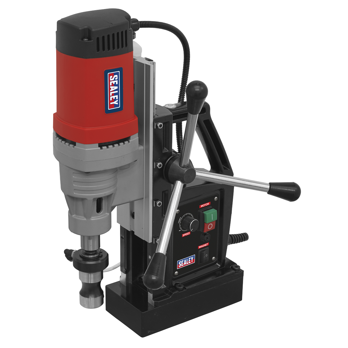 The Sealey Magnetic Drilling Machine 60mm 230V - MAG60230V features a red and black body, high-quality components, adjustable handles, control buttons, and a visible power cord. This durable tool is equipped with an integrated coolant system for optimal performance.