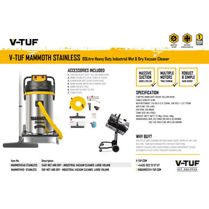 V-TUF MAMMOTH STAINLESS 3.5kW 240v 80L Wet & Dry Twin Motor Industrial Vacuum Cleaner