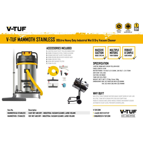 V-TUF MAMMOTH STAINLESS 3.5kW 240v 80L Wet & Dry Twin Motor Industrial Vacuum Cleaner