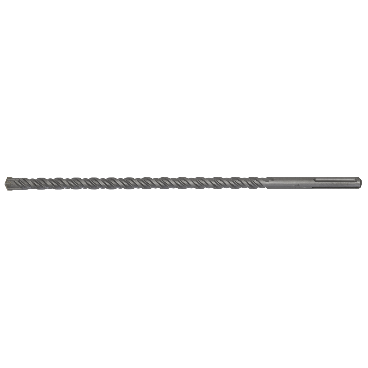 Close-up of the Sealey SDS MAX Drill Bit Ø20 x 520mm (MAX20X520) with a pointed tip and helical flute design, fully hardened for boring holes into tough materials.