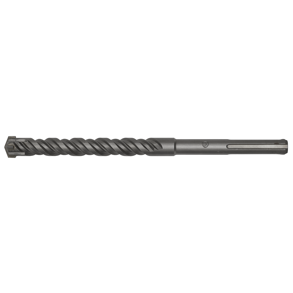 A fully hardened SDS MAX drill bit by Sealey, measuring Ø25 x 320mm, featuring a grey metal finish, a spiral groove, and a four-edged tip.