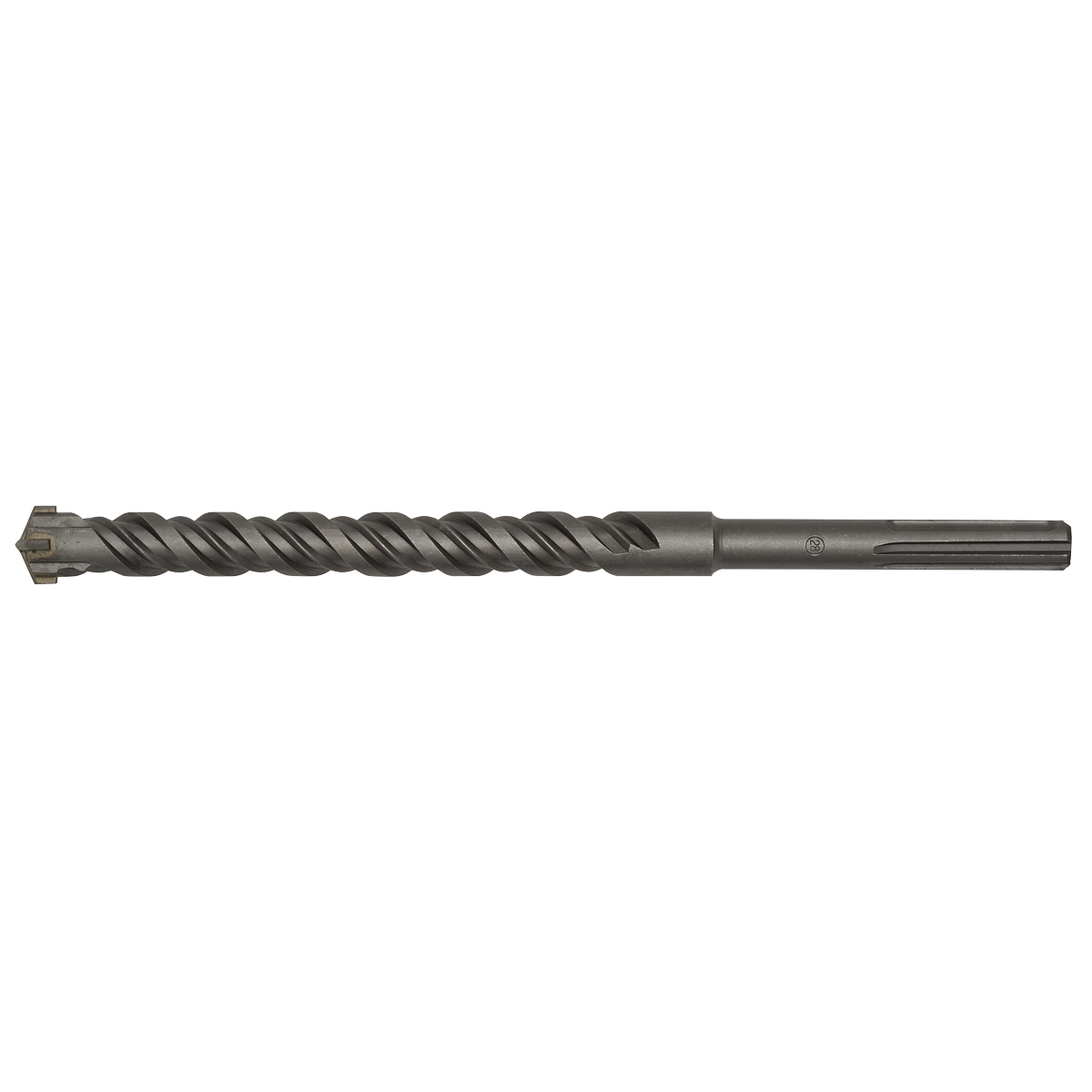 The Sealey SDS MAX Drill Bit Ø28 x 370mm (MAX28X370) is a single, gray drill bit featuring a spiral design and pointed tip, fully hardened to ensure superior quality, making it ideal for drilling into hard materials like concrete or stone.