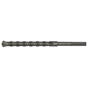 The Sealey SDS MAX Drill Bit Ø28 x 370mm (MAX28X370) is a single, gray drill bit featuring a spiral design and pointed tip, fully hardened to ensure superior quality, making it ideal for drilling into hard materials like concrete or stone.