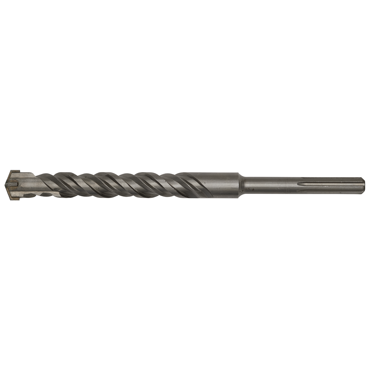 A close-up image of a fully hardened Sealey SDS MAX Drill Bit Ø32 x 370mm - MAX32X370 with a spiral groove and a pointed tip.