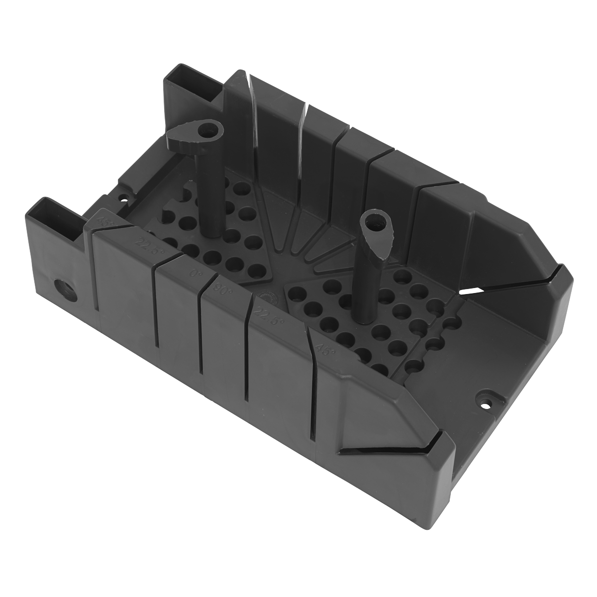 The Sealey Mini Mitre Box 310 x 170 x 110mm - MB02 is a black plastic general-purpose clamping mitre box with various slots and holes designed to guide saw cuts at precise angles, and features a non-slip edge for added stability.