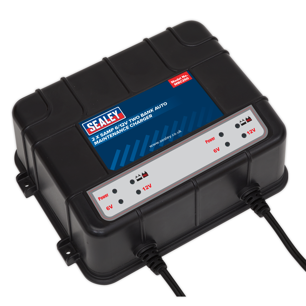 The Sealey Two Bank 6/12V 10A (2 x 5A) Auto Maintenance Charger - MBC250, featuring multiple indicator lights and two output cables, is perfect for automotive workshops and compatible with AGM batteries.