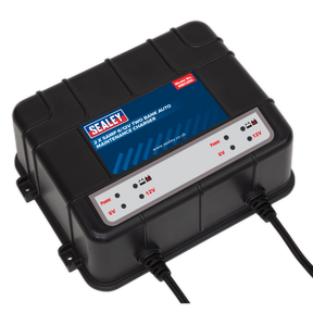 The Sealey Two Bank 6/12V 10A (2 x 5A) Auto Maintenance Charger - MBC250, featuring multiple indicator lights and two output cables, is perfect for automotive workshops and compatible with AGM batteries.