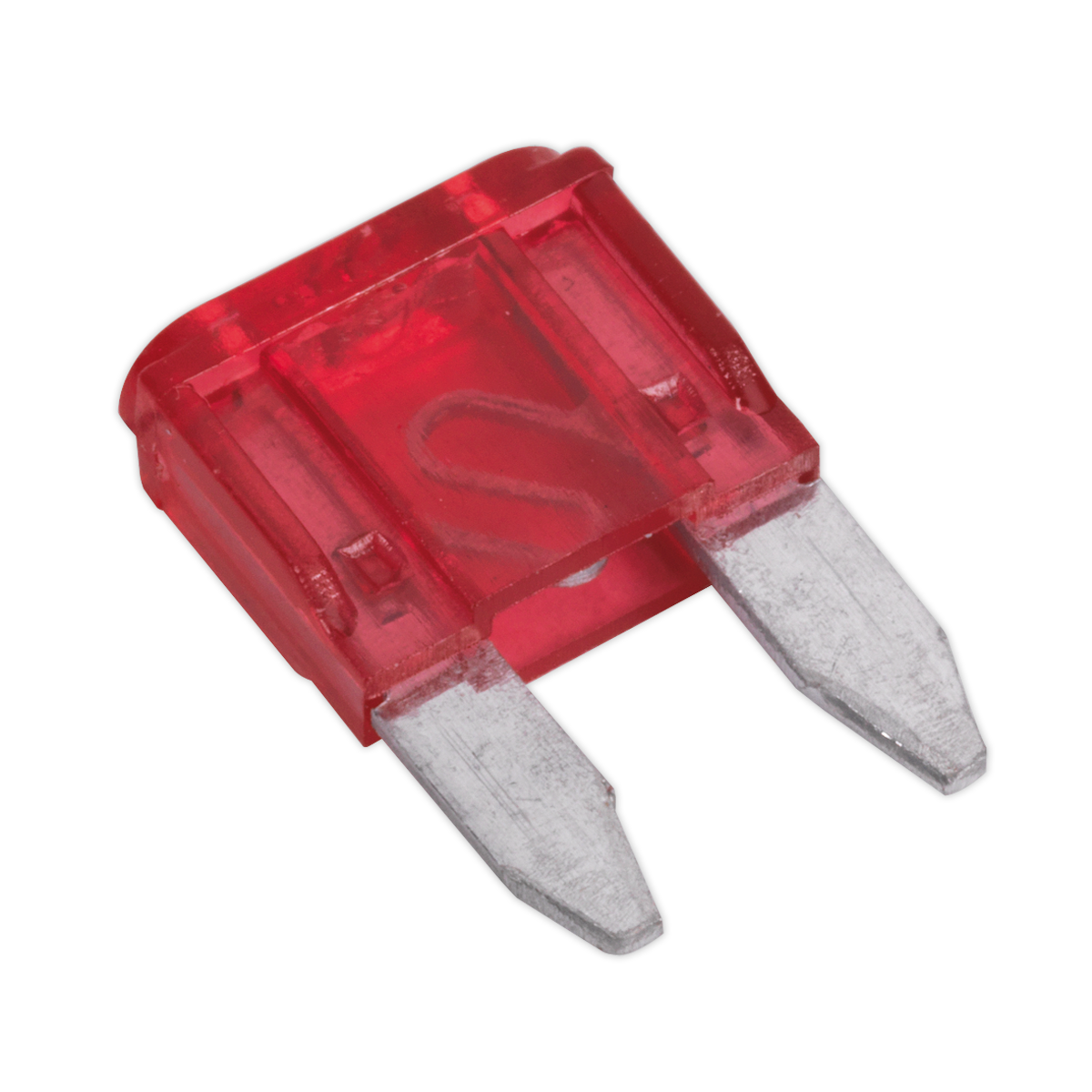 The Sealey Automotive MINI Blade Fuse 10A Pack of 50 - MBF1050 is a small, red fuse with two metal prongs.