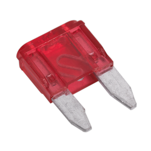 The Sealey Automotive MINI Blade Fuse 10A Pack of 50 - MBF1050 is a small, red fuse with two metal prongs.