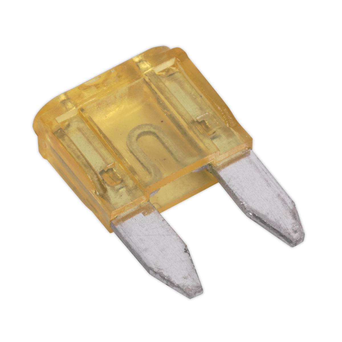 The Sealey Automotive MINI Blade Fuse 20A Pack of 50 - MBF2050 features yellow blade fuses with two metal prongs, ideal for automotive or electronic applications. This convenient 50-pack ensures you have all the fuses you need.