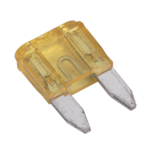 The Sealey Automotive MINI Blade Fuse 20A Pack of 50 - MBF2050 features yellow blade fuses with two metal prongs, ideal for automotive or electronic applications. This convenient 50-pack ensures you have all the fuses you need.