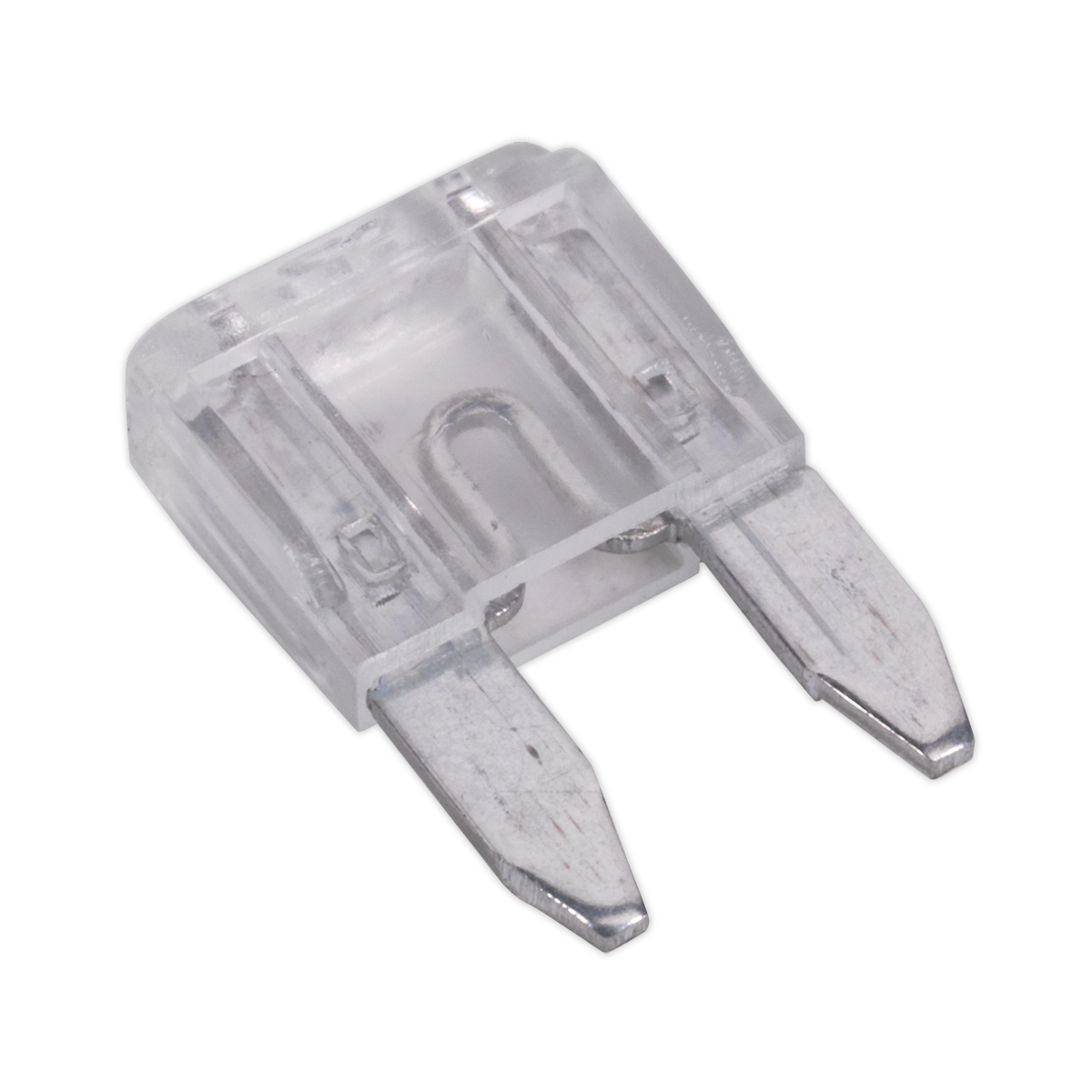 The Sealey Automotive MINI Blade Fuse MBF2550, rated at 25A, is a transparent, rectangular fuse with two metallic prongs suitable for automotive use. This product comes in a pack of 50.