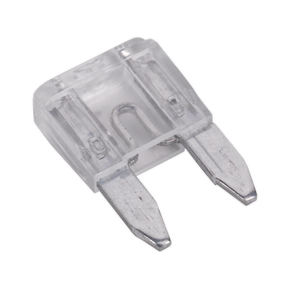 The Sealey Automotive MINI Blade Fuse MBF2550, rated at 25A, is a transparent, rectangular fuse with two metallic prongs suitable for automotive use. This product comes in a pack of 50.